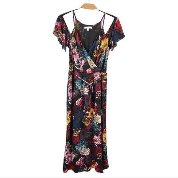 Fourteenth Place Black Floral Wrap Front Midi Dress Size L - Picture 2 of 7